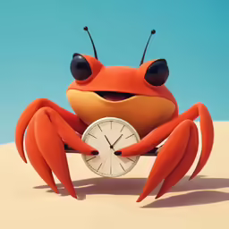 a cartoon style orange crab holding a clock