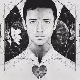 a man with his eyes open, standing in front of a heart shaped background,a drawing of a man with a broken heart