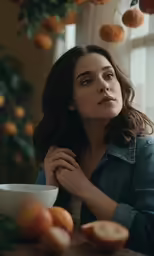a girl looks out the window in front of fruit