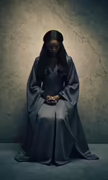 woman wearing a black dress and sitting on the floor