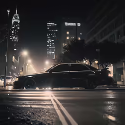 the car is driving down the street by itself at night