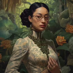a woman wearing glasses and a necklace with a flower on her neck,a woman in a suit and glasses with an unisex pearl necklace