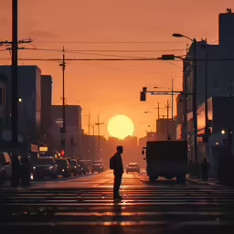 a person crossing an intersection with the sun setting in the background