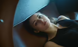 a woman wearing a hat laying on a couch