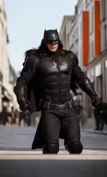 man dressed as batman, in the middle of the street