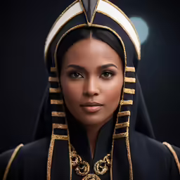 an egyptian woman in traditional clothing looks forward