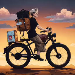 a woman is riding on a bike with backpacks,an old woman riding on a bike with luggage on the back