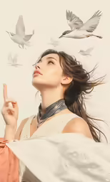 a woman holding her finger up to the side with birds flying overhead