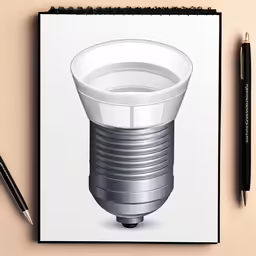 a spiral drawing on a white sheet next to a pen and a pair of scissors