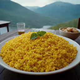 a plate with rice, lemon slices and a cup on the table