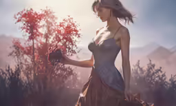 a beautiful woman standing by some trees wearing a dress