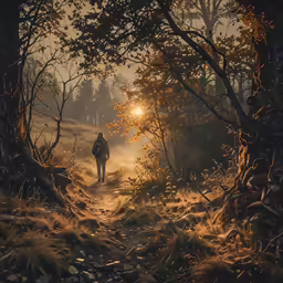 man walking through the forest towards the sun