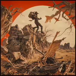 the illustration shows an image of a man with wings coming from his body, holding on to a huge knife and a giant axe