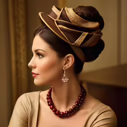 a woman in brown clothes and a necklace