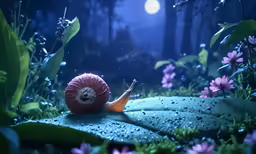 a snail is sitting in a garden of flowers