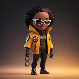 a doll with sunglasses and yellow jacket holding a black key chain