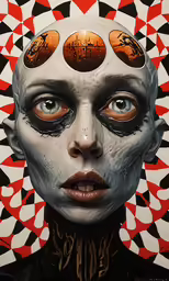 a woman with some weird looking eyes, wearing a white head and body