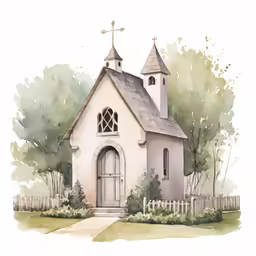 the painting shows an old church with two steeples and a door