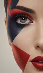 a woman with a face painted in black and red
