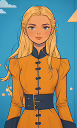 the blond haired woman in a yellow dress is standing near blue skies and clouds