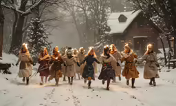 the seven people dressed in medieval clothing are running through the snow