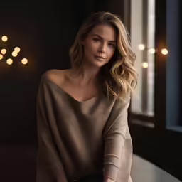 the beautiful woman is sitting on the table