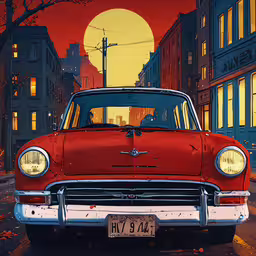 an old red car is parked on the side of the street,red car is in front of tall buildings
