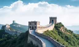 the great wall of china with green trees on top