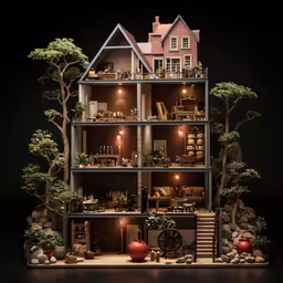a house with multiple levels with several trees on both sides