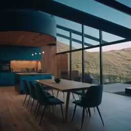 there are chairs and a table in front of the windows