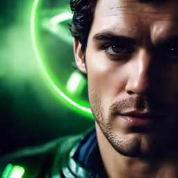 a man standing in front of a green circular wall with his eyes opened