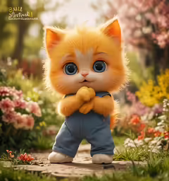 an animated yellow cat standing in flowers