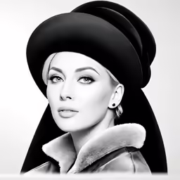 a woman with black hair and an elegant hat is posing