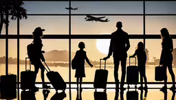 silhouettes of people waiting in front of a window, while an airplane flies overhead,travelers walking through the terminal toward the plane