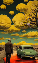 two people are standing near an old green car in front of a painting