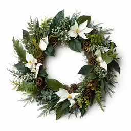 the evergreen and white flowers wreath is displayed