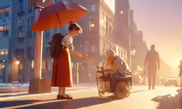 an elderly woman pushing a wheeled cart down a city street, with a man pushing it with an umbrella over her