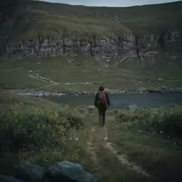 the person walks alone on a grassy path by the water