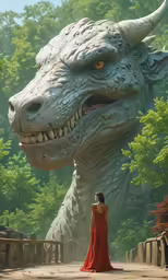 a woman in a red dress standing by a giant white dragon