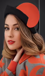 a woman with long hair and red lipstick wearing an orange and black hat