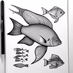 some fish are in a pen on top of some paper,a fish and many other things in the water,a drawing of a fish on white paper,a drawing of two fish on a white sheet,an ink drawing of a fish with several other fish