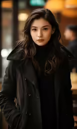 an image of a woman with long dark hair in black coat