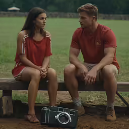 the young man and woman are sitting on the bench with an old camera