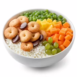 a bowl filled with vegetables and pretzels on top of rice