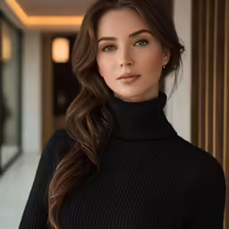 a woman wearing a black turtleneck sweater