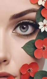 beautiful blue eyed woman with flowers and leaves on her face