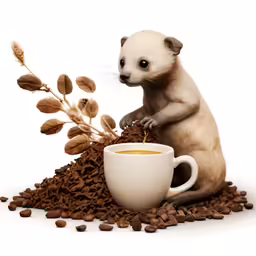 a weasel standing up next to a coffee cup