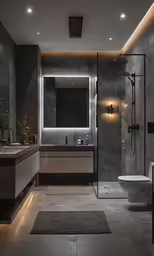 this bathroom is large and has marble walls