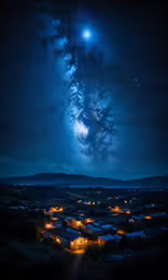night sky with stars and clouds with city lights