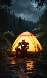 a photo taken of a man sitting in a tent, and looking at his smartphone,a man sits in front of his tent on the ground